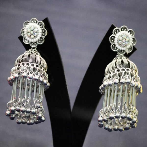 Traditional Oxidised Silver Jhumka Earrings - Image 2